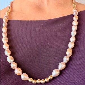 Baroque freshwater pearl necklace.Pink teardrop,small pearls,gold beads.26”-27”.